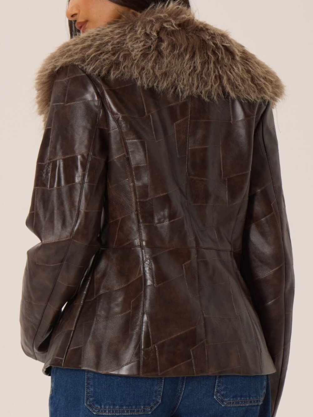 Mocha Brown Casual Women's Fluffy Collared Faux Leather Jacket - Picture 2 of 6